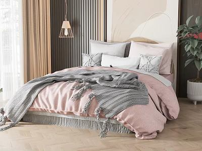 Cozy Modern Bedroom With Pink Quilt Gray Blanket Pillows And Wooden Wall 3d model