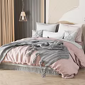 Cozy Modern Bedroom With Pink Quilt Gray Blanket Pillows And Wooden Wall