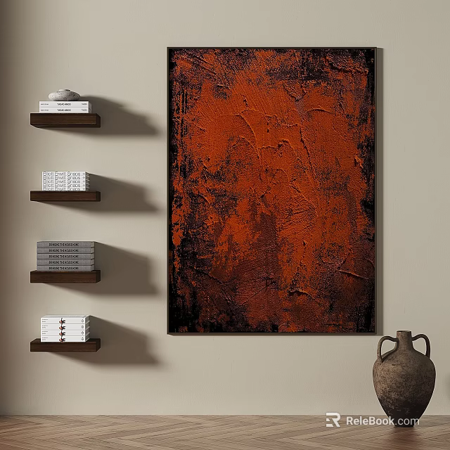 Abstract Painting Red Black Textured Wall With Shelves Books And Clay Vase 3d model 