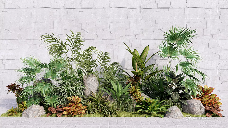 Diverse Lush Plant Combination With Green Foliage Stones And Gray Stone Wall 3d model 