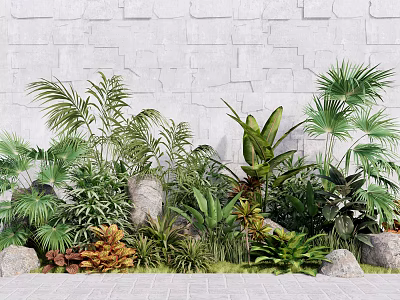 Diverse Lush Plant Combination With Green Foliage Stones And Gray Stone Wall 3d model