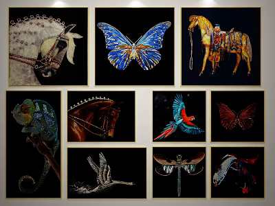 Artistic Animal Paintings Featuring Horses Butterflies Parrots Chameleons And Dragonflies 3d model