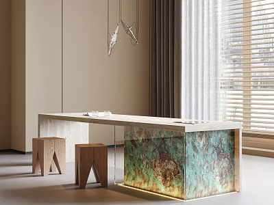 Modern Tea Table with Light Colored Top Illuminated Green Textured Base and Stools 3d model