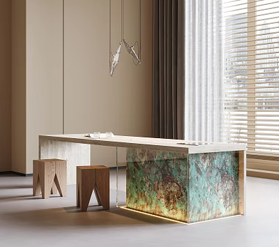 Modern Tea Table with Light Colored Top Illuminated Green Textured Base and Stools 3d model