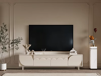 Modern White TV Stand With Scallop Doors And Decorative Items On Beige Wall 3d model