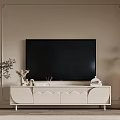 Modern White TV Stand With Scallop Doors And Decorative Items On Beige Wall