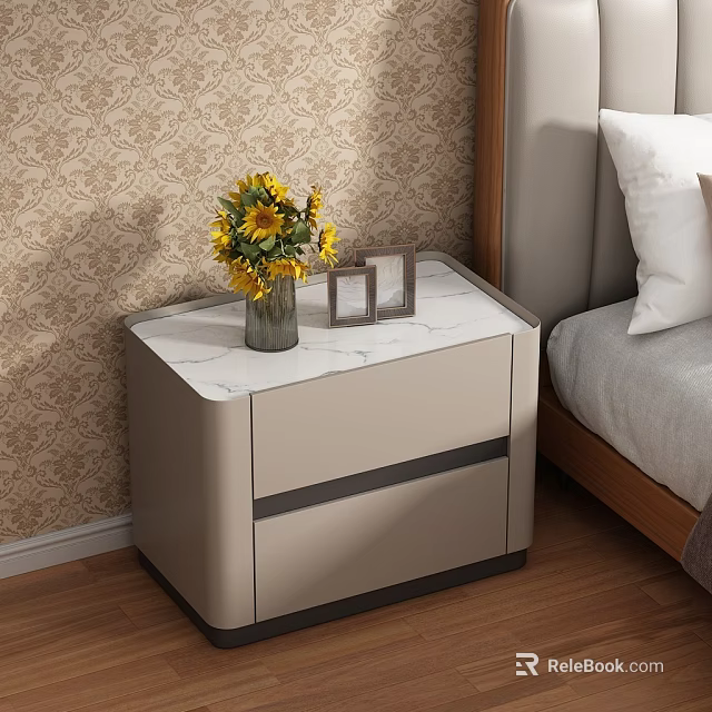 Light Gray Bedside Table with Two Drawers Marble Top Vase of Sunflowers and Photo Frames 3d model 