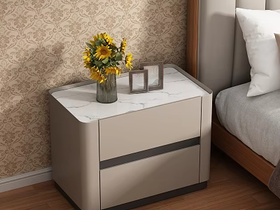 Light Gray Bedside Table with Two Drawers Marble Top Vase of Sunflowers and Photo Frames 3d model