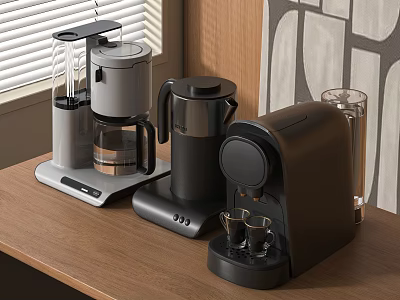 Modern Kitchen Appliances With Coffee Maker Electric Kettle Capsule Coffee Machine On Wooden Countertop 3d model