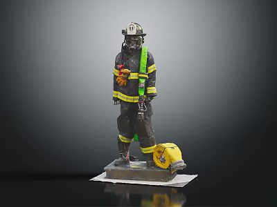 Firefighter Statue Wearing Uniform With Reflective Stripes And Yellow Fire Hose Reel On Base 3d model