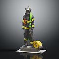 Firefighter Statue Wearing Uniform With Reflective Stripes And Yellow Fire Hose Reel On Base