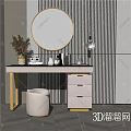 Elegant Modern Dressing Table Interior With Round Mirror Pampas Grass Vase And Stool Drawers 3d model