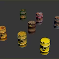 Rusted Radioactive Barrels With Radiation Symbols On Reflective Dark Surface