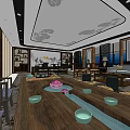 Traditional Chinese Office Interior With Tea Table Lotus Decorations And Cloud Pattern Ceiling 3d model