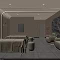 Modern SPA Sauna Interior With Stone Wall Massage Beds Cozy Sofa And Warm Lighting