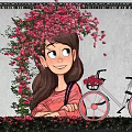 Charming Photo Check-in Spot With Girl Mural Red Flowers And Bicycle