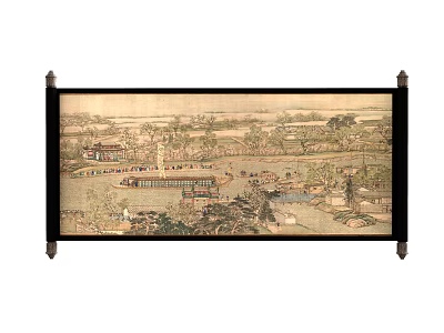 Traditional Chinese Scroll Painting With Ancient Architecture River And Trees 3d model