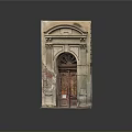 Classical Architectural Model Showcasing Arched Wooden Doorway With Carved Stone Trim