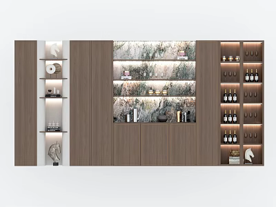 Modern Wooden Wine Cabinet With Marble Backdrop And Glass Shelves For Bottles And Decor 3d model