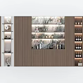 Modern Wooden Wine Cabinet With Marble Backdrop And Glass Shelves For Bottles And Decor