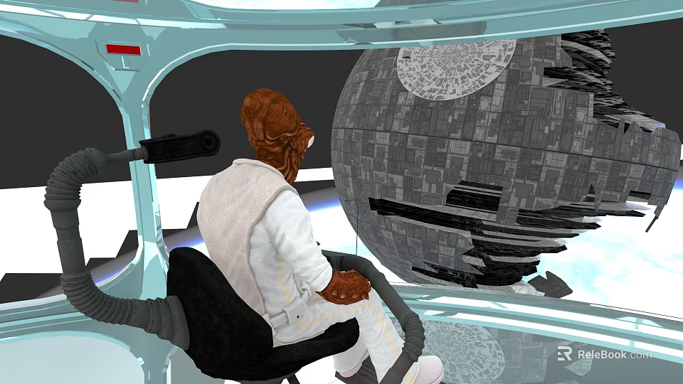 Alien Figure Seated In Spaceship Cockpit Viewing Large Death Star Structure 3d model 