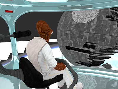 Alien Figure Seated In Spaceship Cockpit Viewing Large Death Star Structure 3d model