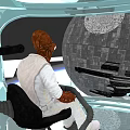 Alien Figure Seated In Spaceship Cockpit Viewing Large Death Star Structure
