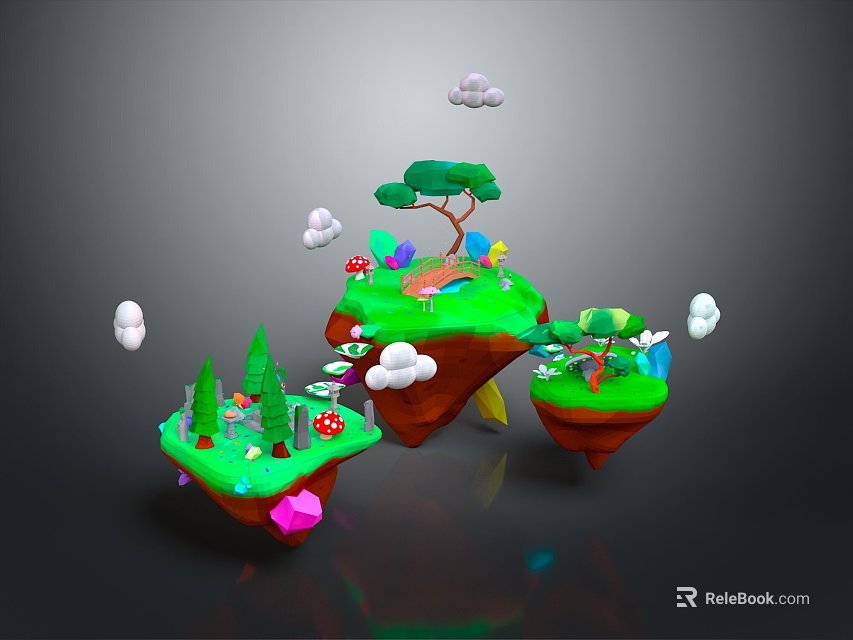 Enchanting Floating Island Landscape With Green Grass Trees Mushrooms Small Bridge And Clouds 3d model 