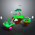 Enchanting Floating Island Landscape With Green Grass Trees Mushrooms Small Bridge And Clouds
