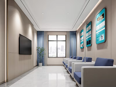 Modern Waiting Room Interior With Comfortable Sofas TV And Wall Posters 3d model