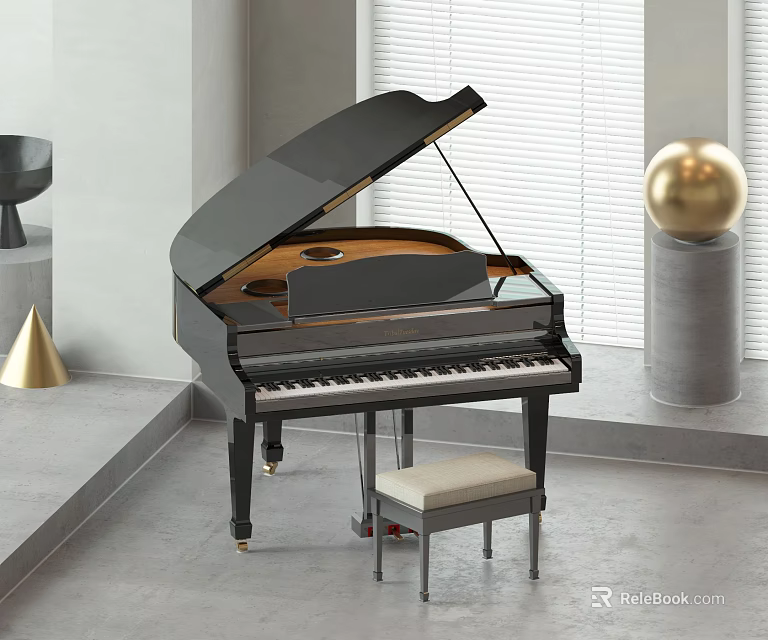 Elegant Black Grand Piano and Art Tools in Modern Room with Gold Sphere and Blinds 3d model 