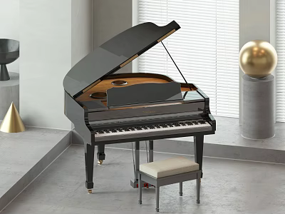 Elegant Black Grand Piano and Art Tools in Modern Room with Gold Sphere and Blinds 3d model