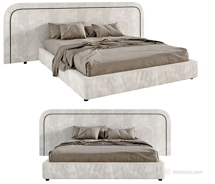 Elegant Modern Double Bed With White Curved Headboard And Gray Bedding 3d model 
