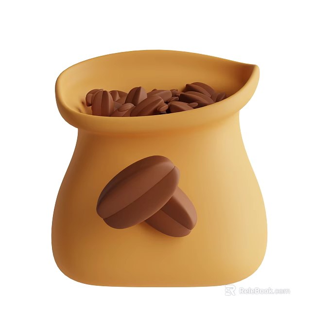 Yellow Bag Filled With Coffee Beans And Extra Beans Outside 3d model