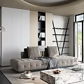 Modern Living Room Interior With Beige Sofa Cushions Throw Blanket And Black Bookshelf