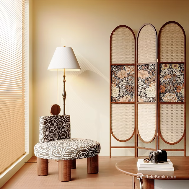Rattan Screen With Floral Patterns In Modern Interior With Patterned Stool And Floor Lamp 3d model