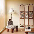 Rattan Screen With Floral Patterns In Modern Interior With Patterned Stool And Floor Lamp 3d model