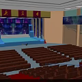 Spacious Conference Hall Interior Featuring Red Star Ceiling Yellow Decor Red Curtains And Blue Walls