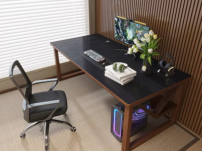 Modern Wooden Desk Setup With Gaming Monitor Keyboard Mouse Books Flowers Headphones And PC Case 3d model