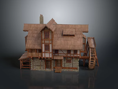 Traditional Rustic House Building With Thatched Roof Stone Wood Structure And Watermill 3d model