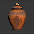 Artistic Orange Lidded Jar Sculpture With Intricate Carved Floral Patterns