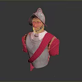 Medieval Male Bust In Silver Armor With Pink Cape And Helmet