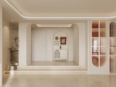 Modern Minimalist Foyer Hallway With Arch Storage And Greenery 3d model