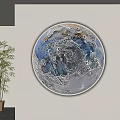 Round Moon Surface Wall Lamp with Blue Gray Texture Gold Frame on White Wall