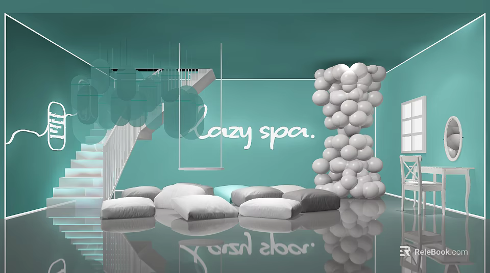 Crazy Spa Interior With Teal Walls White Balloon Decoration Sofas Staircase And Mirrored Floor 3d model 