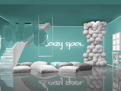 Crazy Spa Interior With Teal Walls White Balloon Decoration Sofas Staircase And Mirrored Floor 3d model