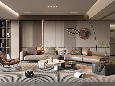 Modern Living Room Interior Design With Beige Sofas Round Coffee Tables Floor Lamp And Bookshelf 3d model