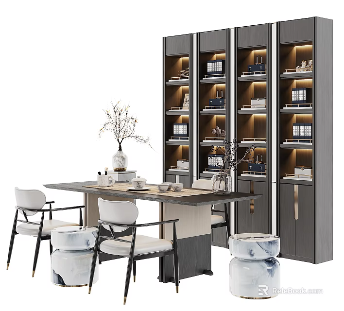 Modern Tea Table and Chairs with Tea Sets Bookshelves Books and Vase Decorations 3d model 