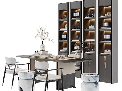 Modern Tea Table and Chairs with Tea Sets Bookshelves Books and Vase Decorations 3d model