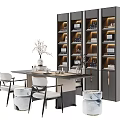 Modern Tea Table and Chairs with Tea Sets Bookshelves Books and Vase Decorations